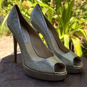 Jimmy Choo Luna Dahlia peep toe platform glitter pumps